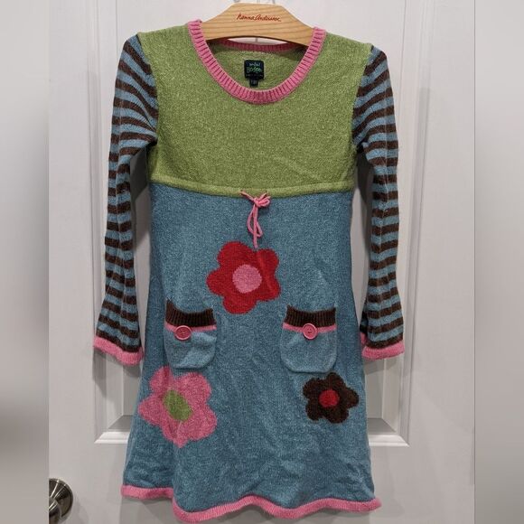 Mini Boden Sweater Dress Blue Green Pink Flower Cotton Angora Wool Girl Size 7 8 - Picture 2 of 8